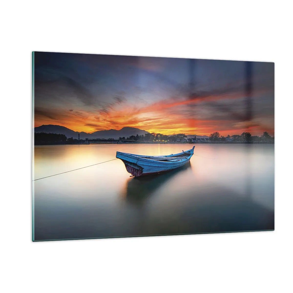 Impression sur verre - Image sur verre - Bateau en bois sur le lac au coucher du soleil - 120x80cm - Une bonne nuit arrive - Décoration murale moderne pour le salon et la chambre ARTTOR