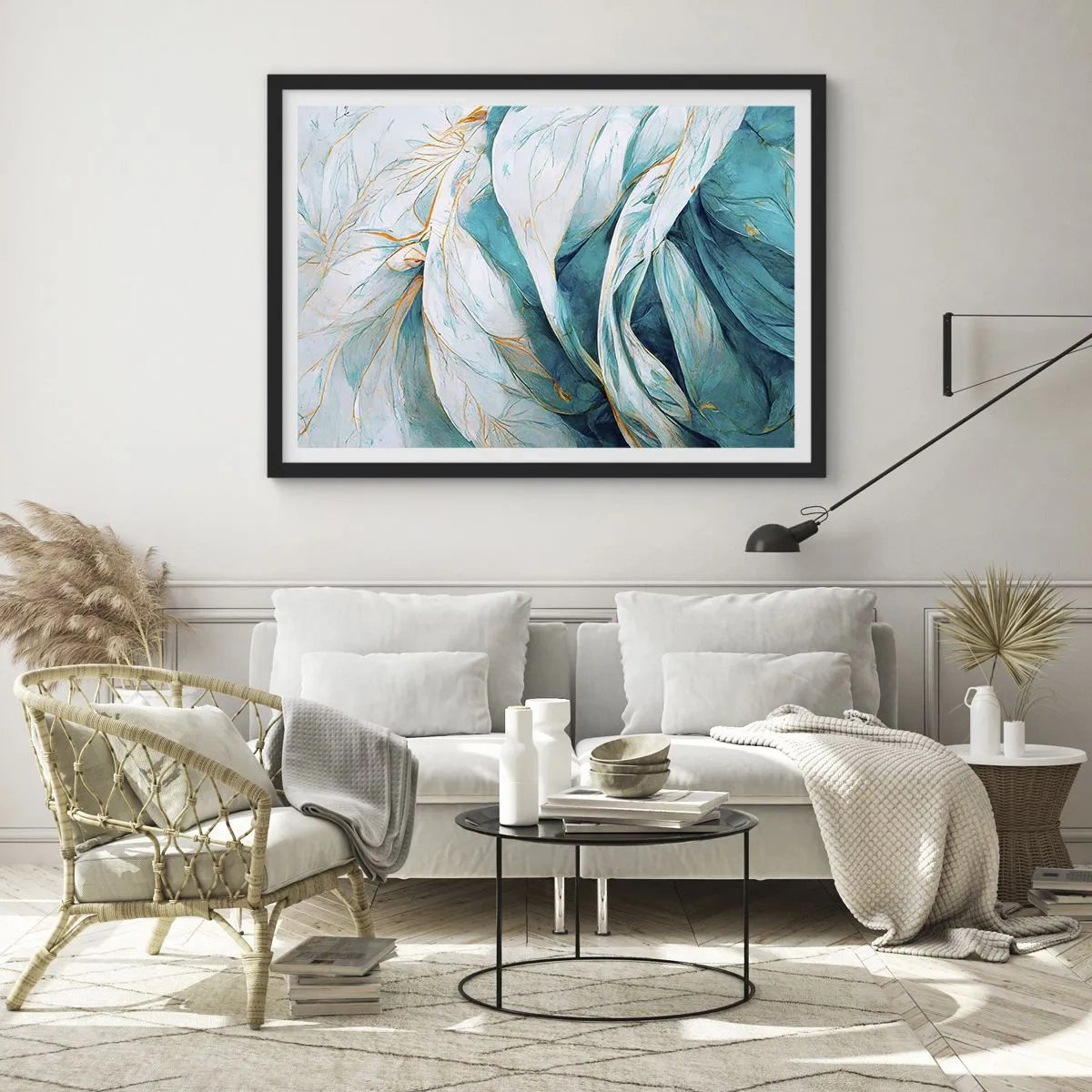 Affiche dans un cadre noir - Poster - Abstraction bleue avec un motif doré - 50x40 cm