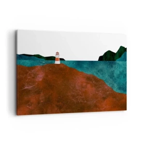 Impression sur toile - Image sur toile - Un phare avec en toile de fond les montagnes et la mer - 120x80cm - En regardant la mer - Décoration murale moderne pour le salon et la chambre ARTTOR