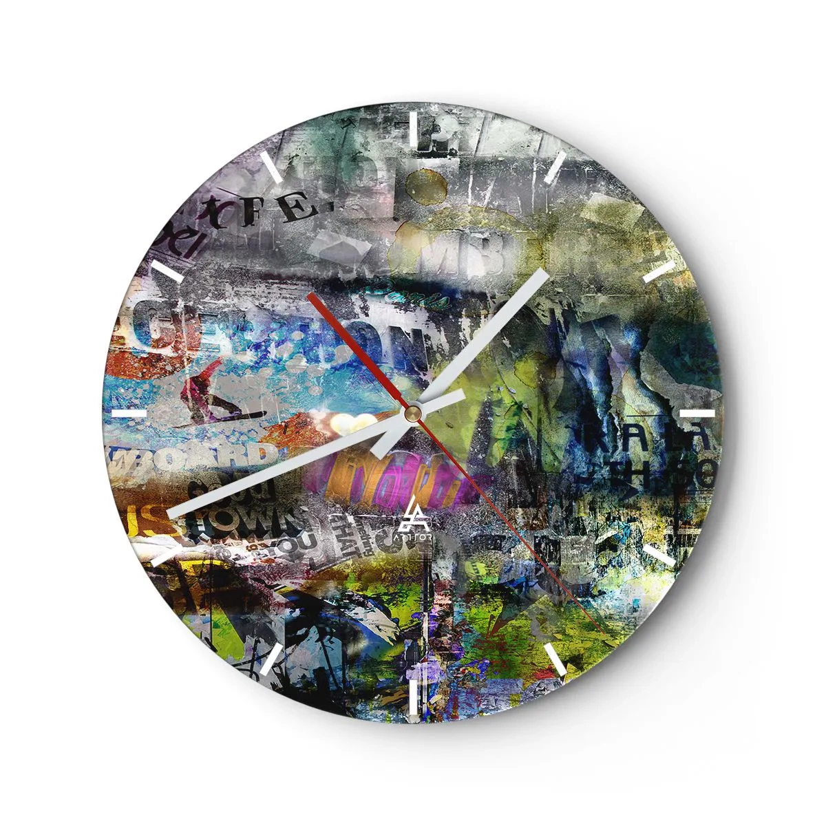 Horloge murale - Pendule murale - Collage abstrait de différentes couleurs avec inscriptions - 30x30cm - Collage de souvenirs - Décoration murale moderne pour le salon, la cuisine et la chambre ARTTOR