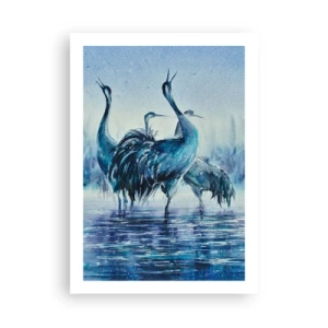 Affiche - Poster - Une image atmosphérique de grues dans un paysage aquatique bleu - 50x70cm - Réunion matinale - Décoration murale moderne pour le salon et la chambre ARTTOR