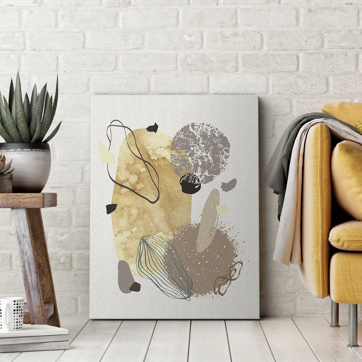 Impression sur toile - Image sur toile - Une composition de formes abstraites en beige et jaune. - 50x70cm - Plumcologie appliquée - Décoration murale moderne pour le salon et la chambre ARTTOR