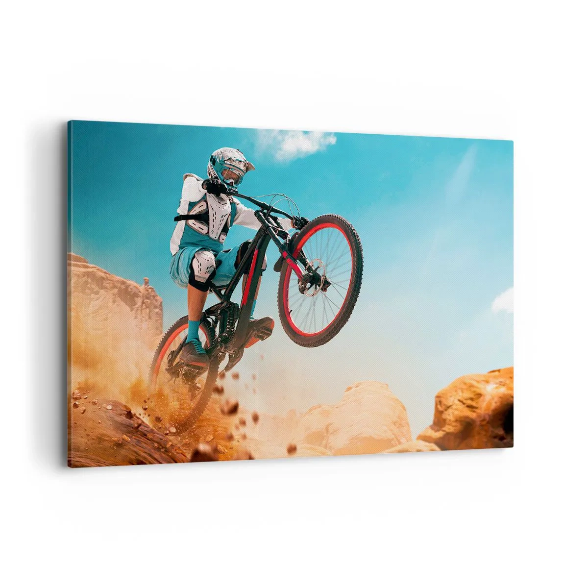 Impression sur toile - Image sur toile - Un vététiste effectue un saut sur fond de rochers - 120x80cm - Démon de la folie du vélo - Décoration murale moderne pour le salon et la chambre ARTTOR