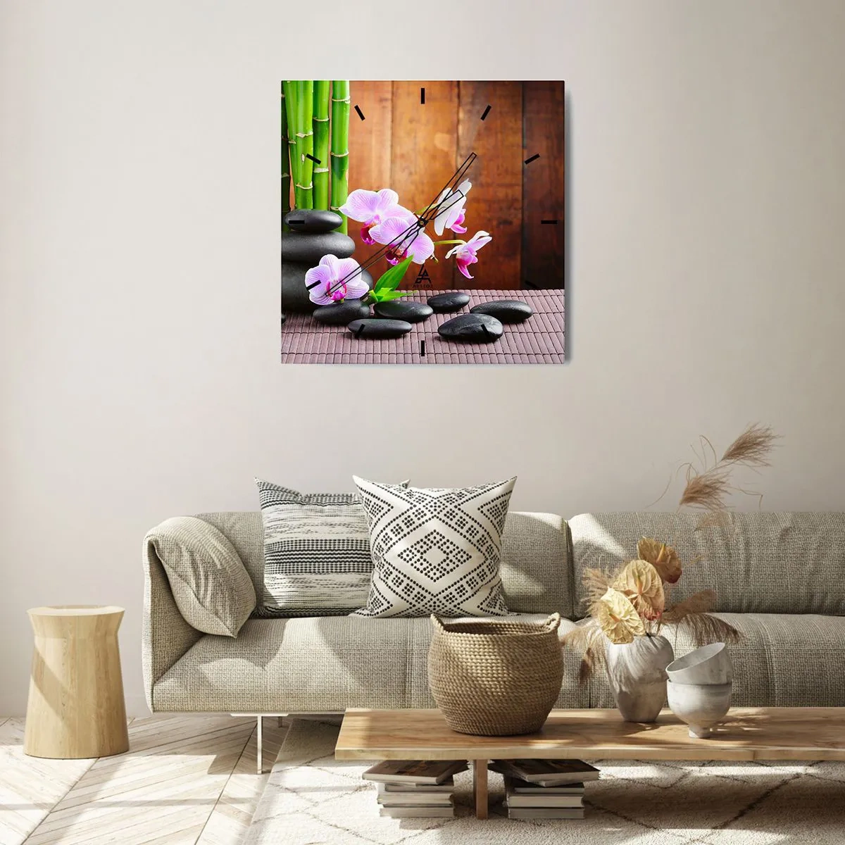 Horloge murale - Pendule murale - Bambou de style zen, pierres et orchidées roses sur fond de bois - 30x30cm - Rencontrez les plaisirs de l'est - Décoration murale moderne pour le salon et la chambre ARTTOR