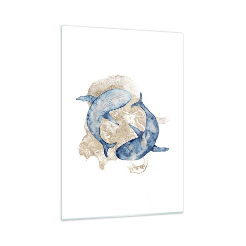Impression sur verre - Image sur verre - Deux baleines bleues sur un fond de taches dorées abstraites - 50x70cm - Amis ou amoureux? - Décoration murale moderne pour le salon et la chambre ARTTOR