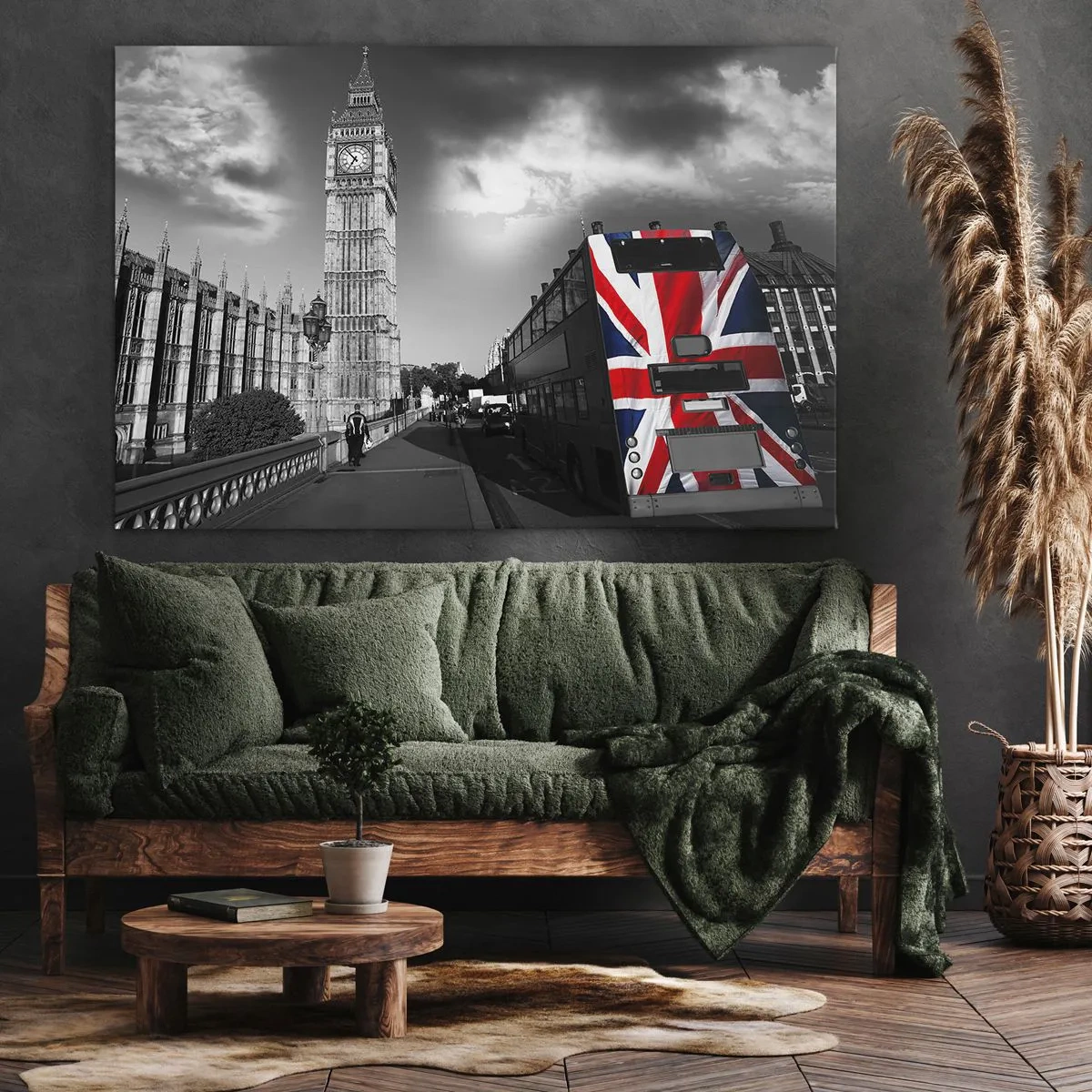 Impression sur toile - Image sur toile - Big Ben et un bus avec un drapeau britannique sur fond noir et blanc - 70x50cm - Fière et grande - Décoration murale moderne pour le salon et la chambre ARTTOR