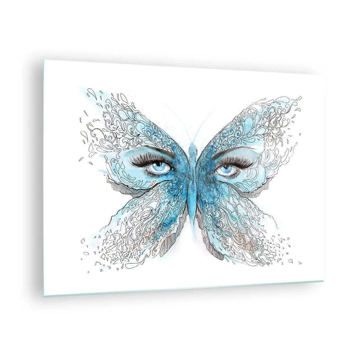 Impression sur verre - Image sur verre - Un papillon aux ailes bleues et aux yeux humains dans un style artistique. - 70x50cm - Mésange bleue Eros - Décoration murale moderne pour le salon et la chambre ARTTOR