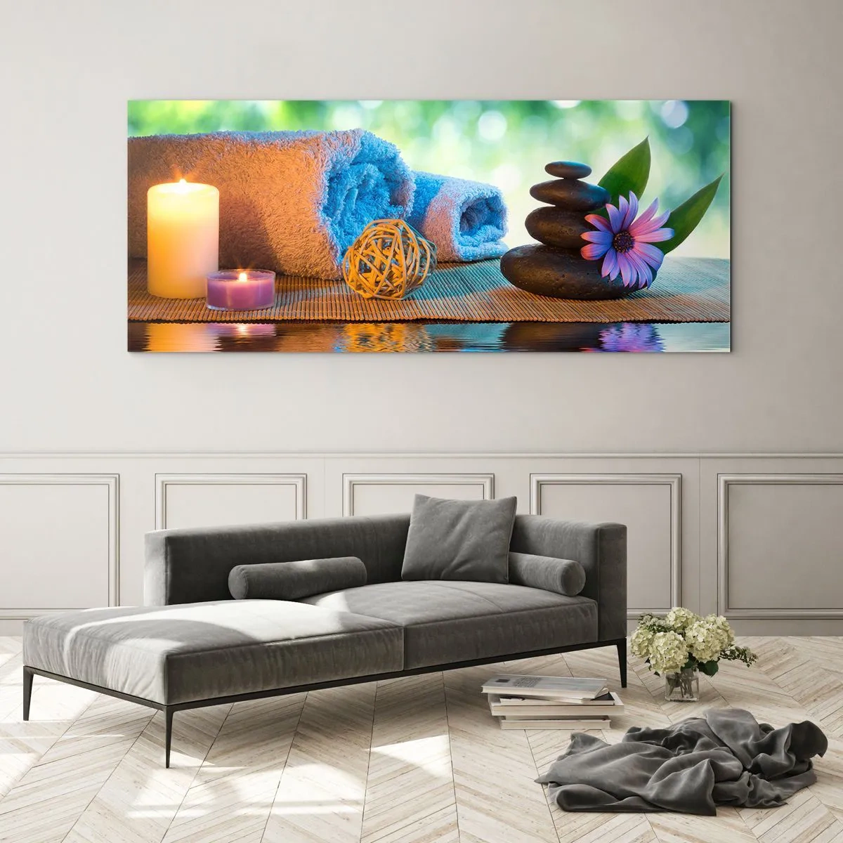 Impression sur verre - Image sur verre - Ensemble SPA relaxant avec serviettes, bougies et pierres - 160x50cm - Temps pour le corps - Décoration murale moderne pour le salon et la chambre ARTTOR