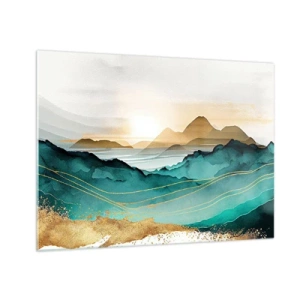 Impression sur verre - Image sur verre - Un paysage de montagne doré et turquoise dans un style aquarelle. - 70x50cm - Au frontière de l’abstraction – paysage - Décoration murale moderne pour le salon et la chambre ARTTOR
