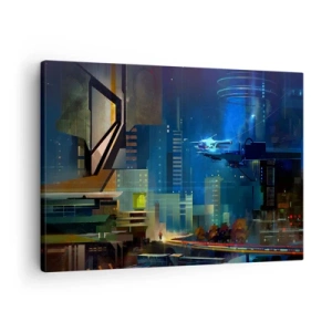 Impression sur toile - Image sur toile - Ville futuriste la nuit avec des néons et un véhicule volant - 70x50cm - Dans le futur proche - Décoration murale moderne pour le salon et la chambre ARTTOR