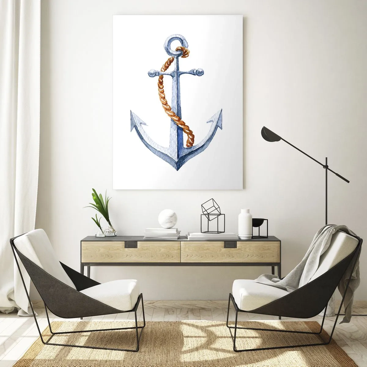 Impression sur verre - Image sur verre - Ancre avec corde de style nautique - 50x70cm - Ah l'aventure ! - Décoration murale moderne pour le salon et la chambre ARTTOR
