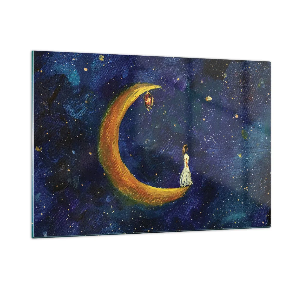 Impression sur verre - Image sur verre - Une figure sur la lune dans le ciel nocturne - 120x80cm - Appel du monde - Décoration murale moderne pour le salon et la chambre ARTTOR
