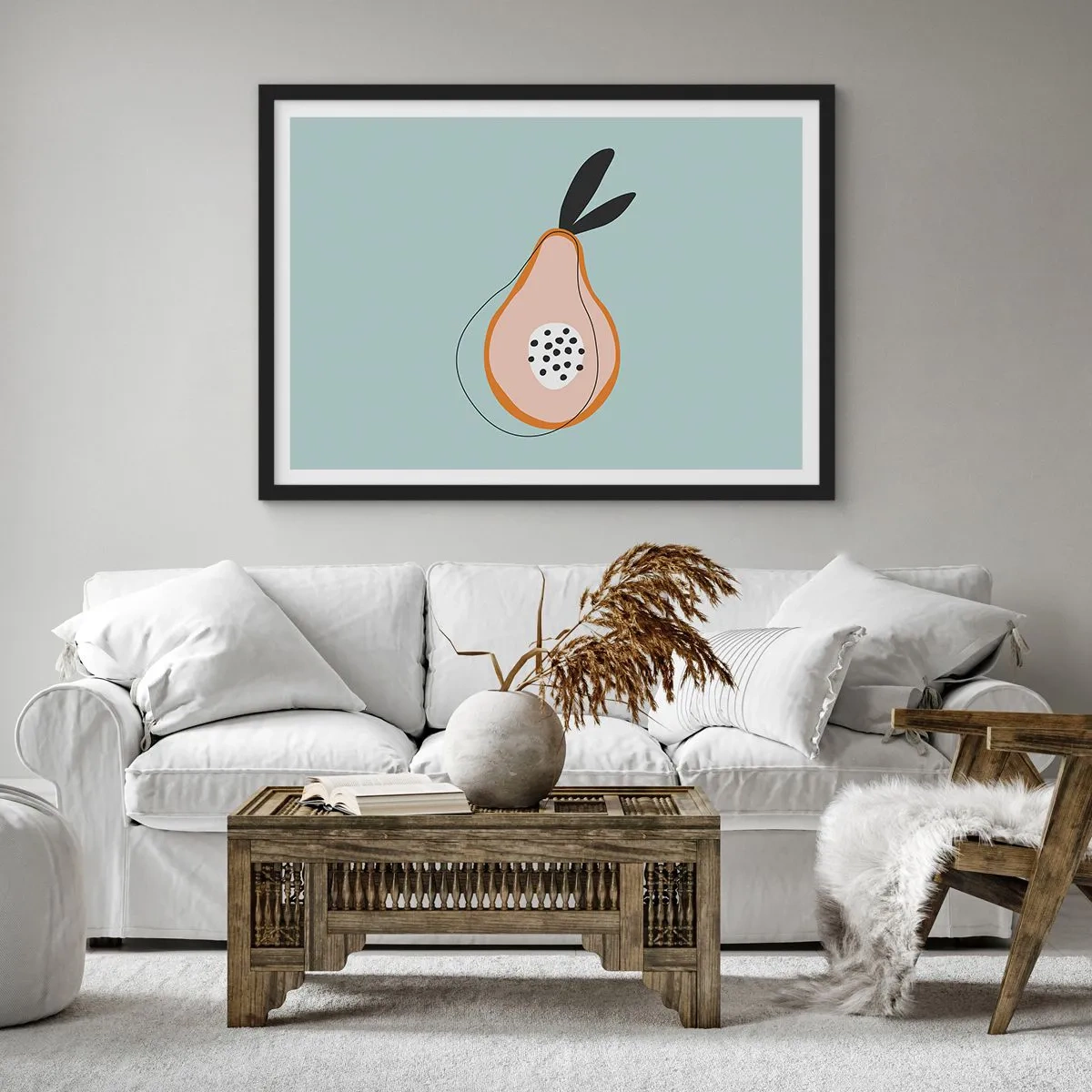 Affiche dans un cadre noir - Poster - Poire abstraite sur fond clair - 70x50cm - Pénétrer la nature des choses - Décoration murale moderne pour le salon et la chambre ARTTOR