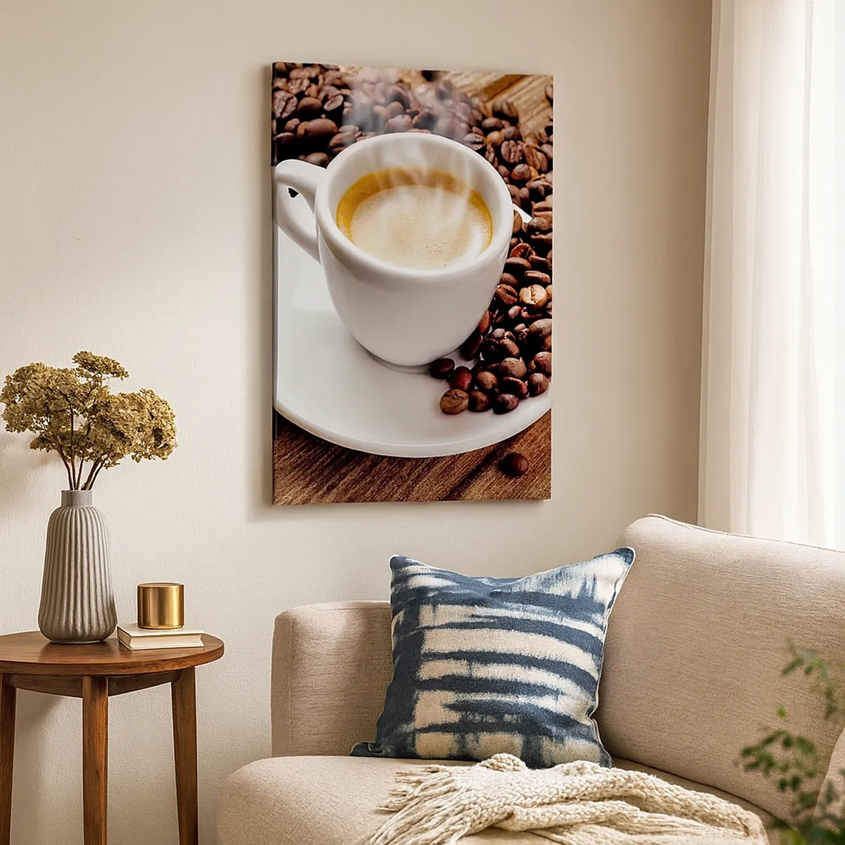 Impression sur toile - Image sur toile - Une tasse de café aromatique sur fond de grains et d'une feuille - 50x70cm - Café sur un banc - Décoration murale moderne pour le salon et la chambre ARTTOR