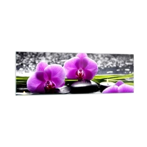 Impression sur verre - Image sur verre - Orchidées violettes sur fond de pierres et de bougies dans un cadre relaxant - 160x50cm - Se noyer dans la paix et la tranquillité - Décoration murale moderne pour le salon et la chambre ARTTOR
