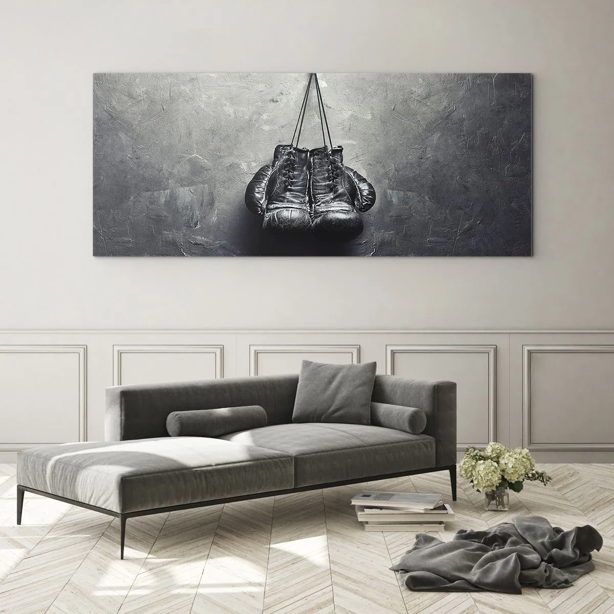 Impression sur verre - Image sur verre - De vieux gants de boxe contre le mur - 160x50cm - Un temps pour se battre et un temps pour la paix - Décoration murale moderne pour le salon et la chambre ARTTOR