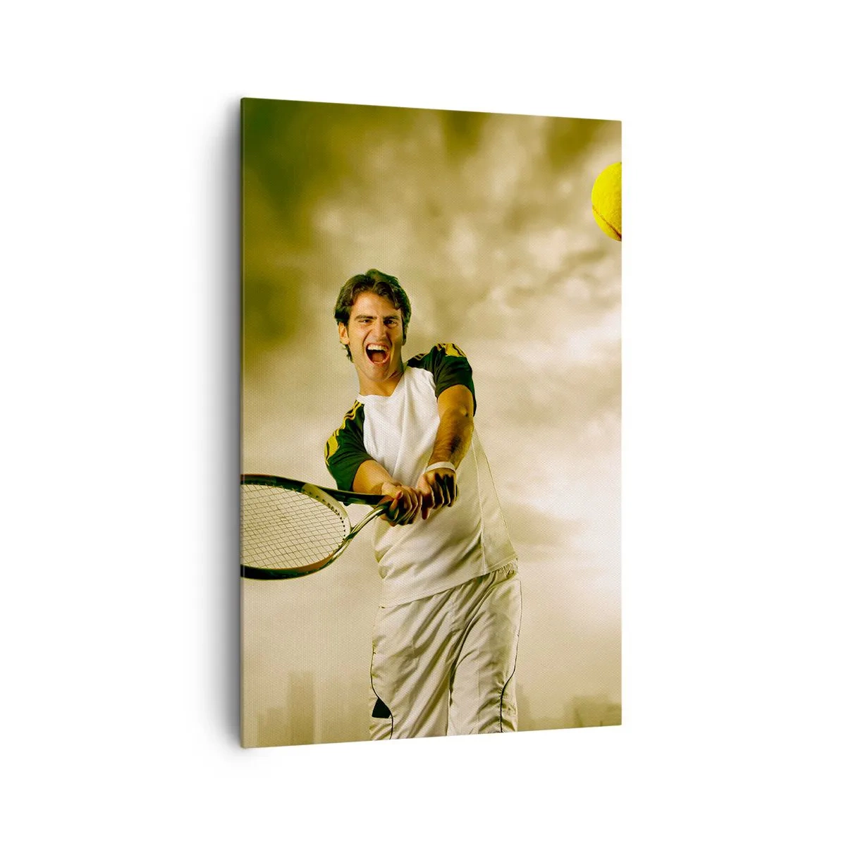 Impression sur toile - Image sur toile - Joueur de tennis en action lors d'un match avec en toile de fond un paysage urbain - 80x120cm - Énergie et joie - Décoration murale moderne pour le salon et la chambre ARTTOR