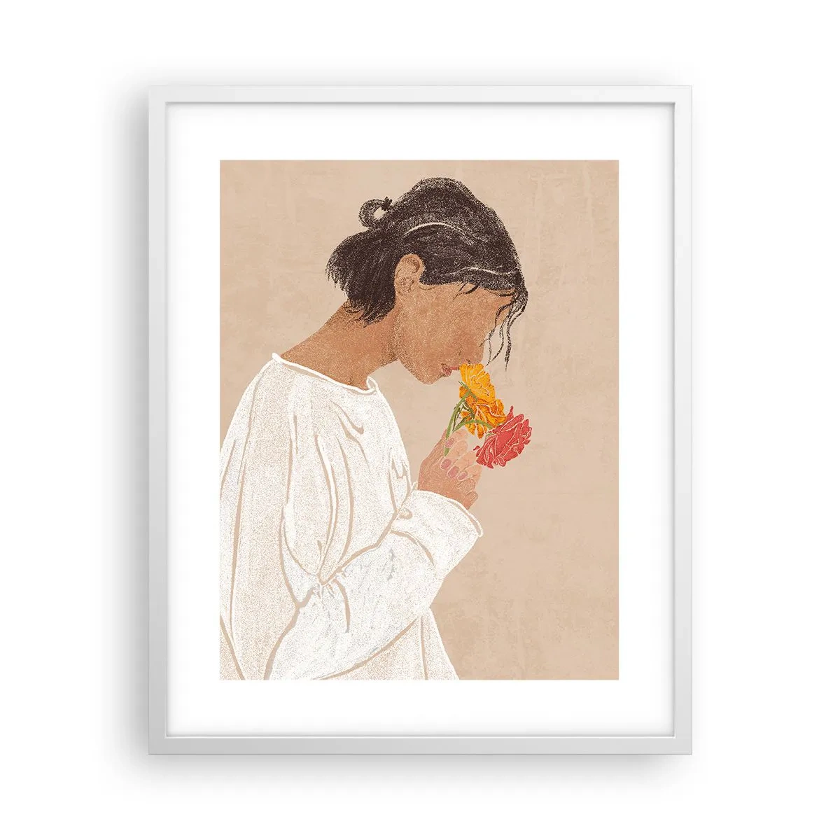 Affiche dans un cadre blanc - Poster - Fille et fleurs - 40x50 cm
