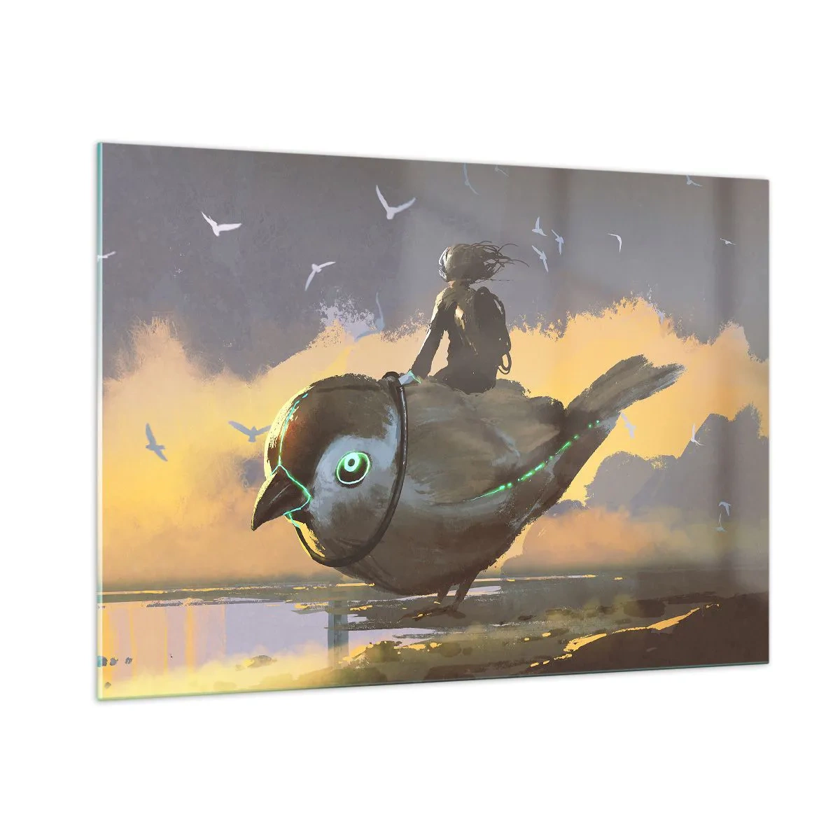 Impression sur verre - Image sur verre - Une figure sur un oiseau géant à la lumière du soleil couchant - 100x70cm - Un arrêt sur un voyage fantastique - Décoration murale moderne pour le salon et la chambre ARTTOR