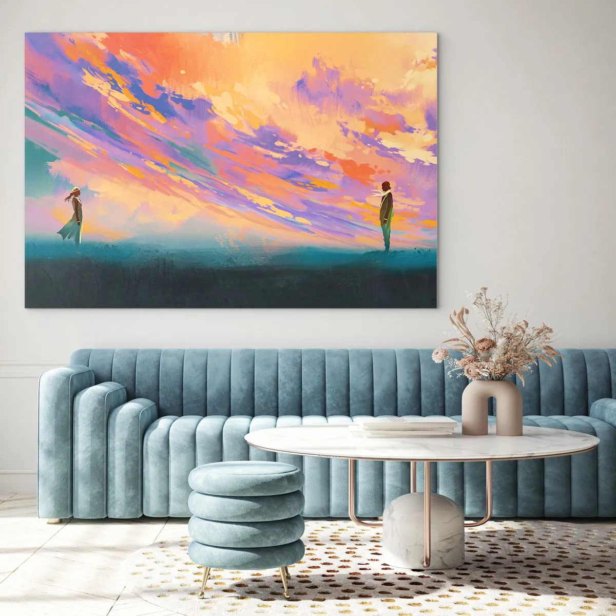 Impression sur verre - Image sur verre - Deux personnes sur fond de ciel coucher de soleil coloré - 70x50cm - La force d'attraction - Décoration murale moderne pour le salon et la chambre ARTTOR