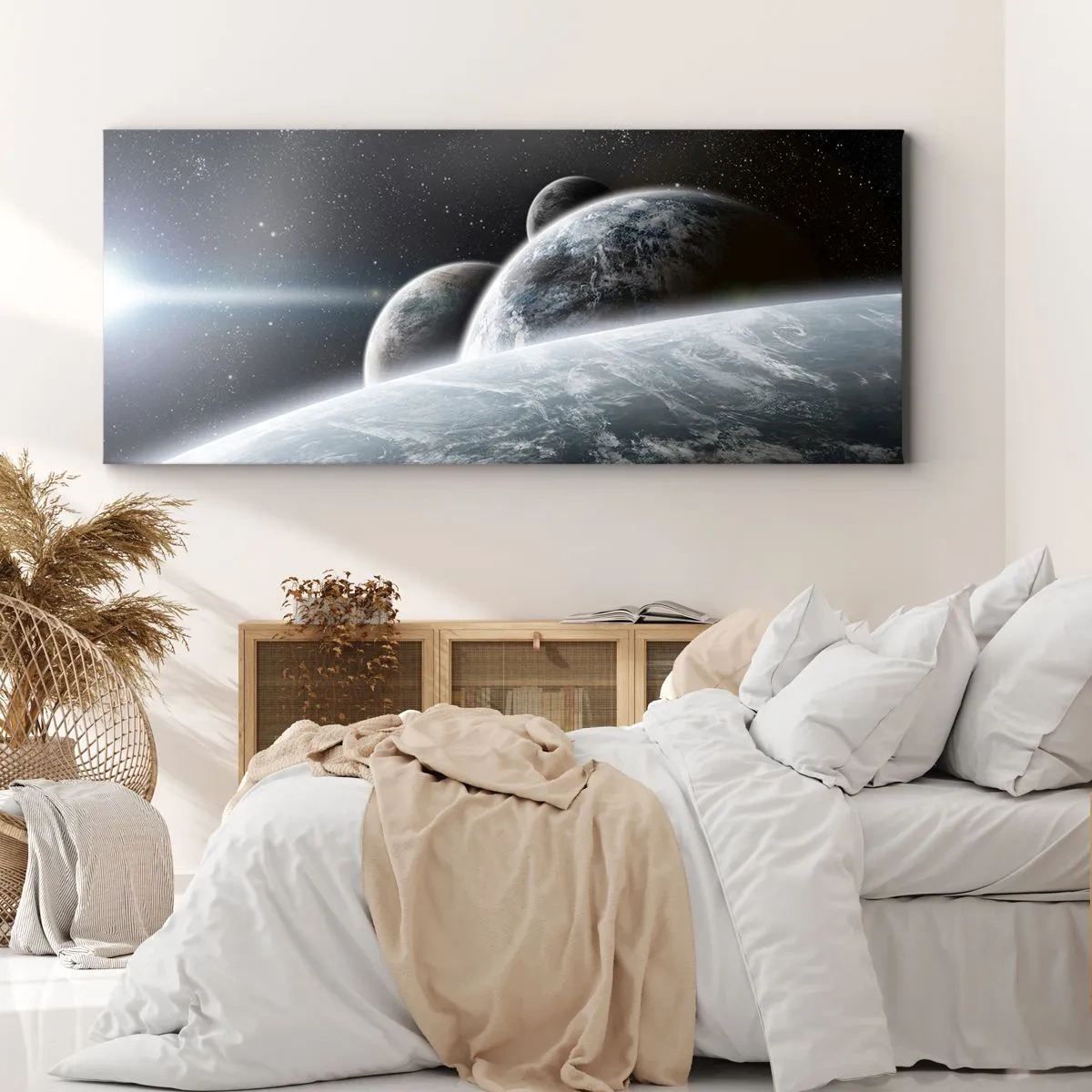 Impression sur toile - Image sur toile - Planètes dans l'espace sur fond d'étoiles et de galaxies - 120x50cm - Musique cosmique des sphères - Décoration murale moderne pour le salon et la chambre ARTTOR