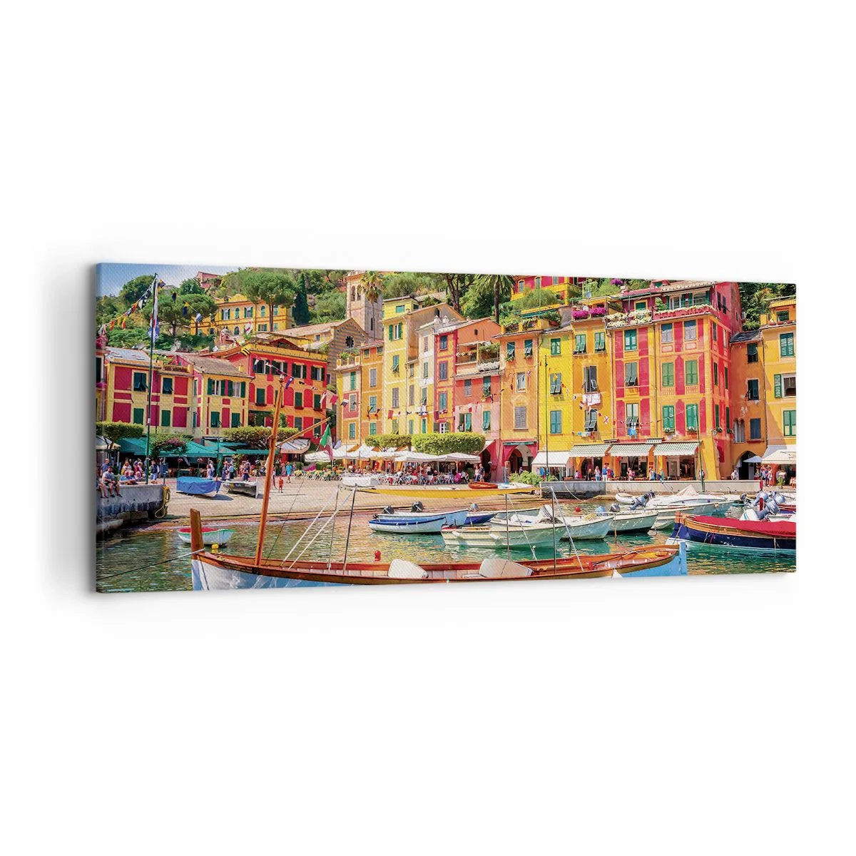 Impression sur toile - Image sur toile - Maisons de ville colorées et bateaux dans une ville balnéaire italienne - 120x50cm - Matinée italienne - Décoration murale moderne pour le salon et la chambre ARTTOR