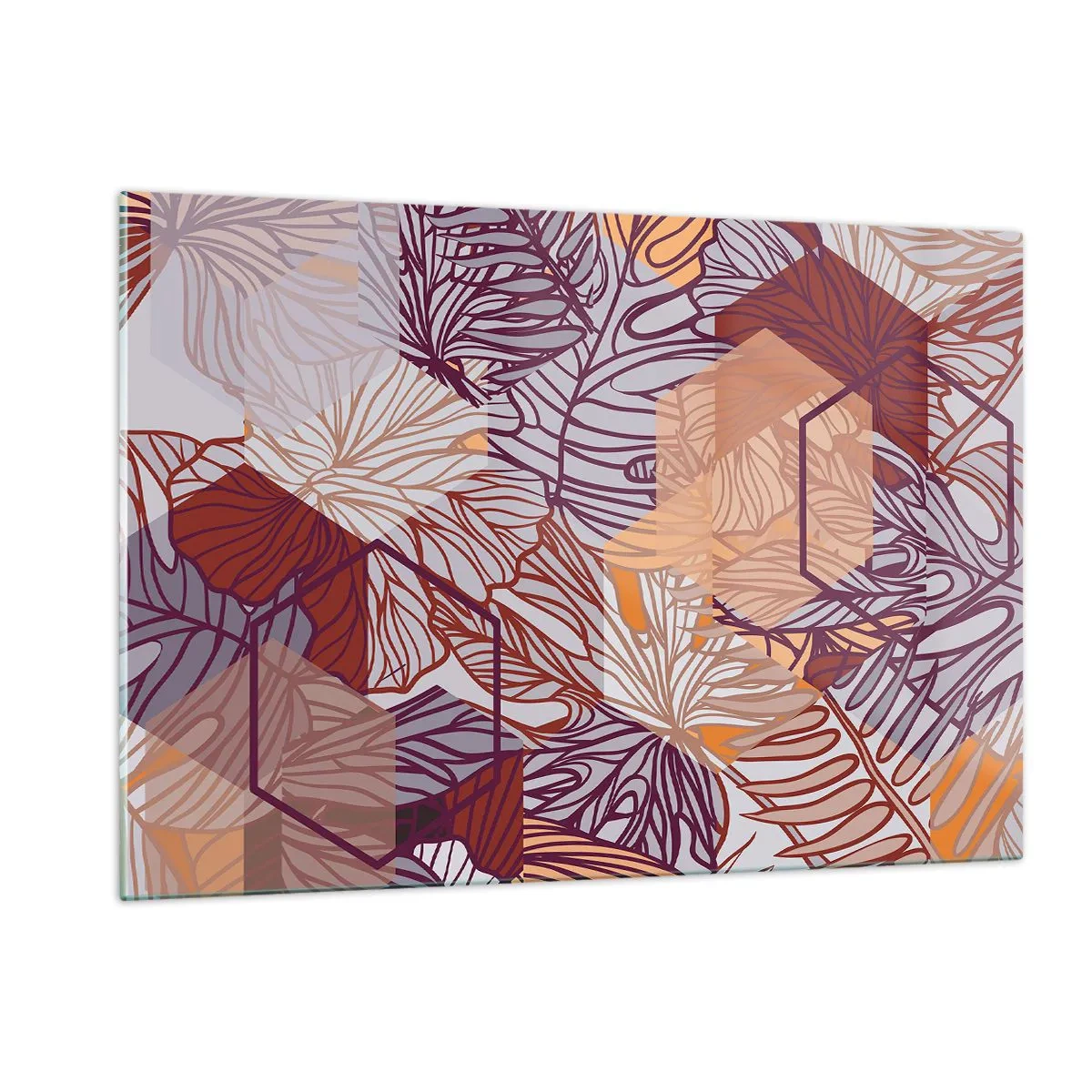 Impression sur verre - Image sur verre - Feuilles graphiques sur fond de formes géométriques - 120x80cm - Relation impossible entre la géométrie et la nature - Décoration murale moderne pour le salon et la chambre ARTTOR