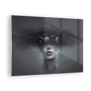 Impression sur verre - Image sur verre - Une femme avec des planètes pour tête dans une composition surréaliste - 70x50cm - Et les planètes deviennent folles... - Décoration murale moderne pour le salon et la chambre ARTTOR