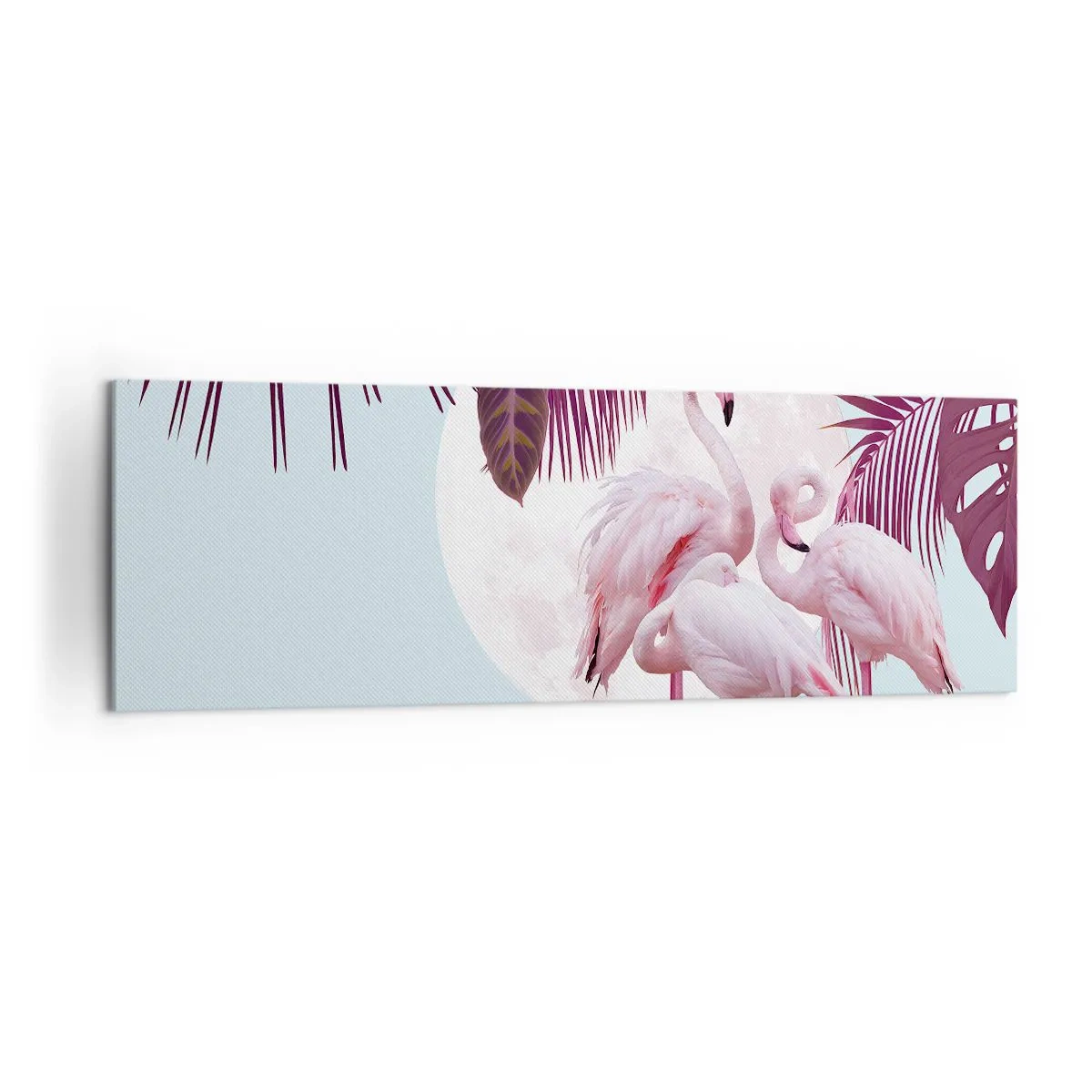 Impression sur toile - Image sur toile - Flamants roses sur fond de lune et de feuilles tropicales - 160x50cm - Trois oiseaux gracieux - Décoration murale moderne pour le salon et la chambre ARTTOR