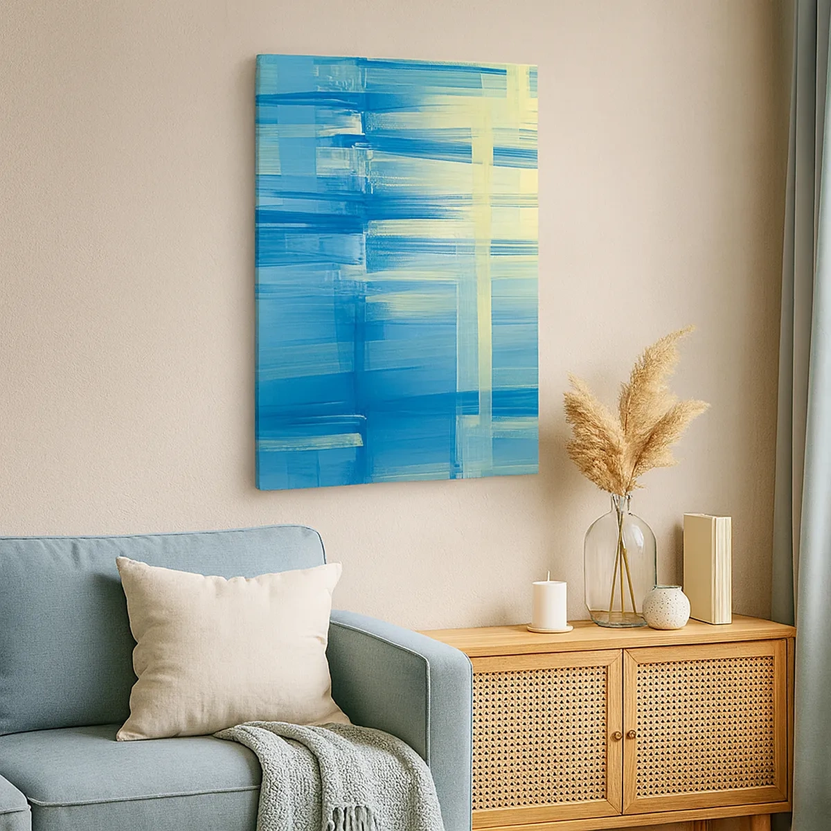 Impression sur toile - Image sur toile - Une peinture abstraite dans des tons turquoise et bleu avec des coups de pinceau géométriques. - 50x70cm - Composition en turquoise - Décoration murale moderne pour le salon et la chambre ARTTOR