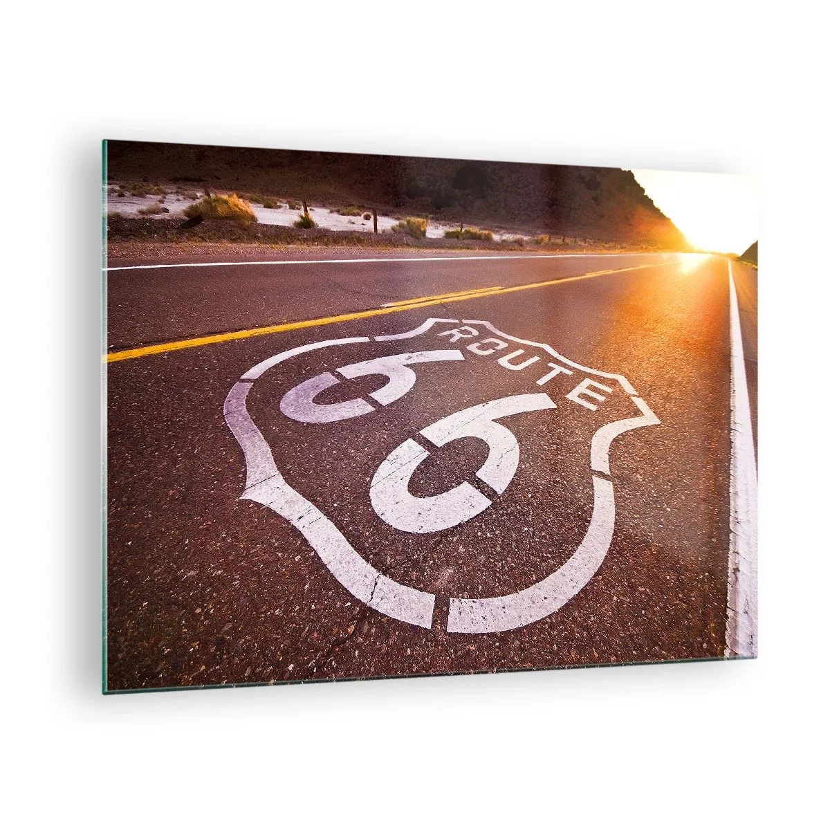 Impression sur verre - Image sur verre - Route 66 au coucher du soleil - 70x50cm - Célèbre Route 66 - Décoration murale moderne pour le salon et la chambre ARTTOR