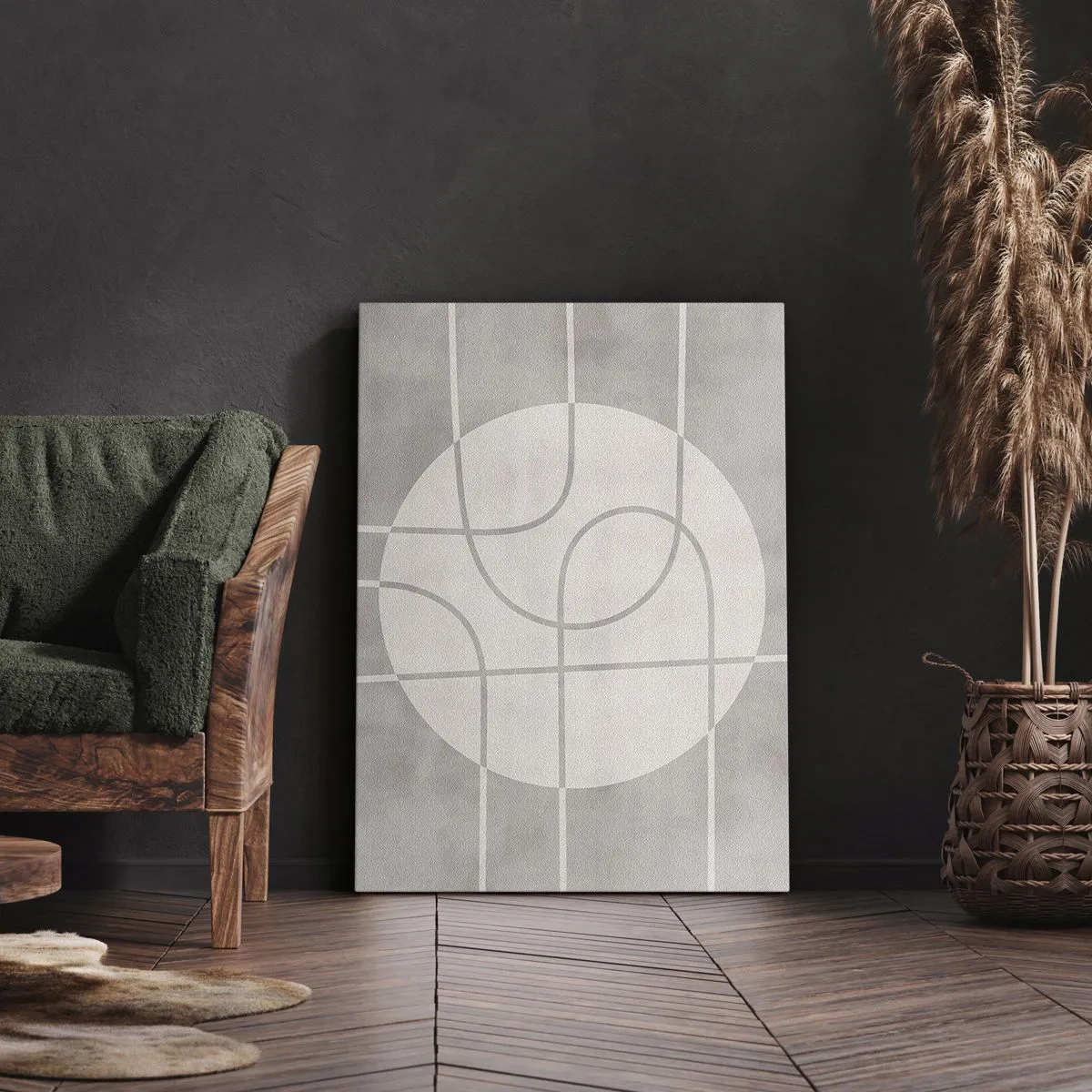 Impression sur toile - Image sur toile - Motif géométrique dans les tons de gris et de blanc - 50x70cm - Circulaire et tout droit - Décoration murale moderne pour le salon et la chambre ARTTOR