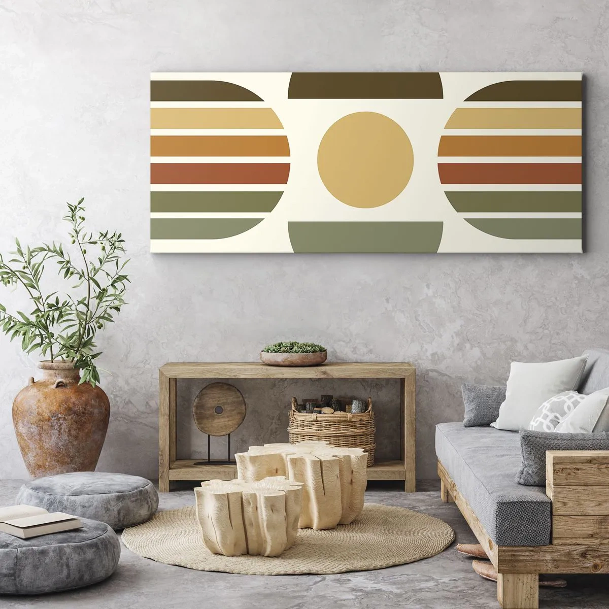 Impression sur toile - Image sur toile - Composition géométrique avec des demi-cercles et des rayures dans des tons terreux - 120x50cm - Dans les coulaurs de la terre - Décoration murale moderne pour le salon et la chambre ARTTOR