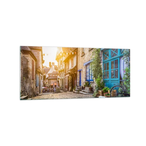 Impression sur verre - Image sur verre - Une charmante rue pavée au soleil - 120x50cm - Aux confins du monde - Décoration murale moderne pour le salon et la chambre ARTTOR