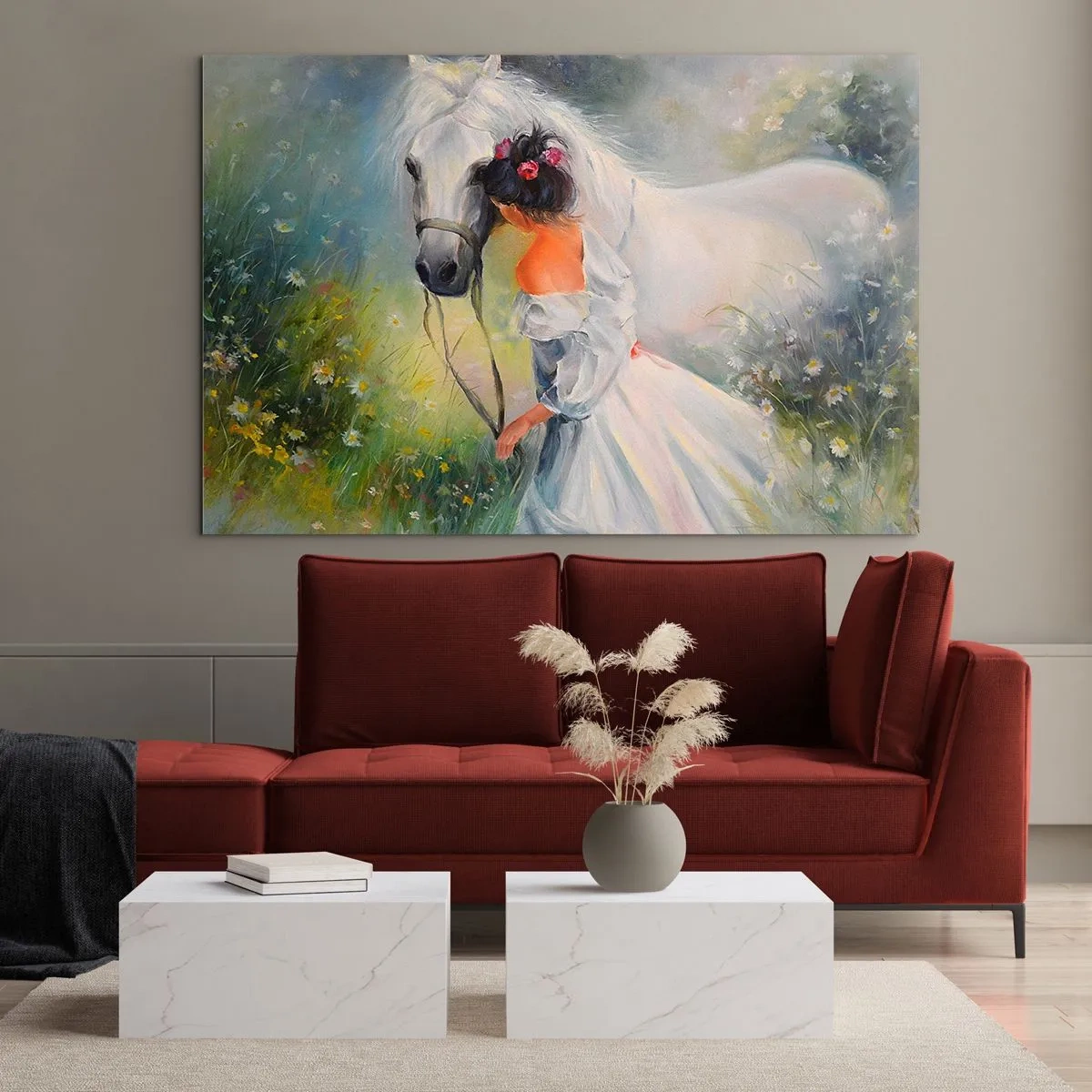 Impression sur verre - Image sur verre - Une femme en robe blanche avec un cheval blanc dans un pré plein de fleurs. - 120x80cm - Comme dans un beau rêve - Décoration murale moderne pour le salon et la chambre ARTTOR