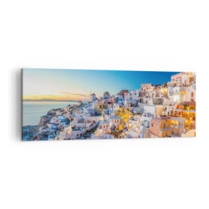 Impression sur toile - Image sur toile - Vue d'une ville grecque au coucher du soleil - 140x50cm - L'essence de la grecque - Décoration murale moderne pour le salon et la chambre ARTTOR