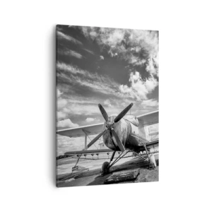 Impression sur toile - Image sur toile - Un vieil avion à l'aéroport en noir et blanc - 50x70cm - Je suis impatient! - Décoration murale moderne pour le salon et la chambre ARTTOR