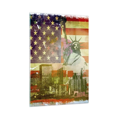 Impression sur verre - Image sur verre - Drapeau américain avec la silhouette de la Statue de la Liberté et le paysage urbain - 50x70cm - Vive l'Amérique! - Décoration murale moderne pour le salon et la chambre ARTTOR