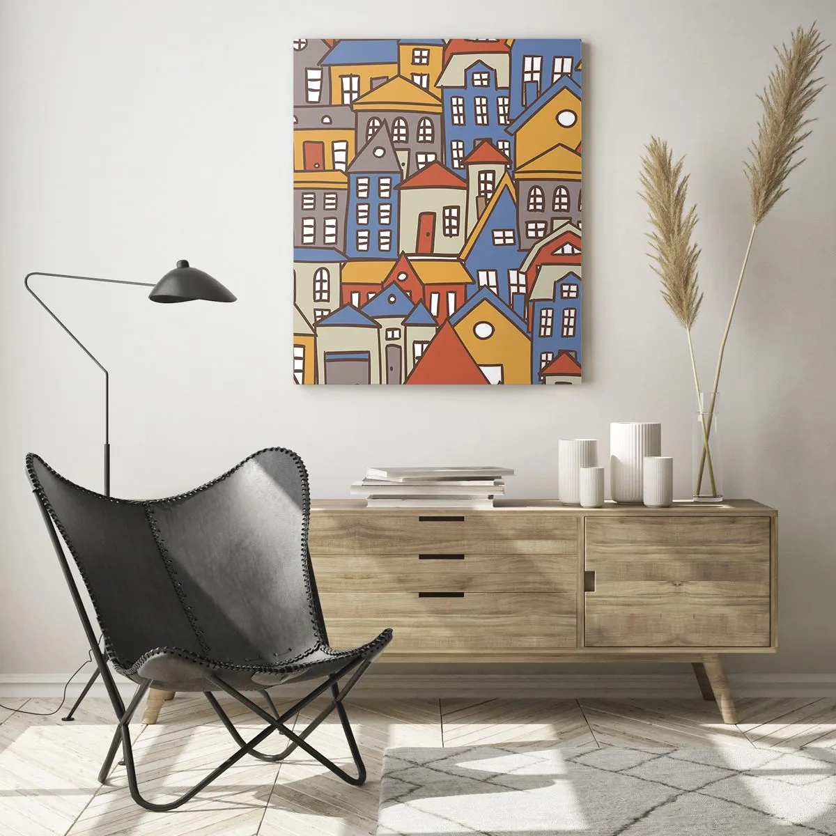 Impression sur verre - Image sur verre - Des maisons colorées dans un style graphique créent un paysage joyeux - 50x70cm - Derrière la maison, une maison - Décoration murale moderne pour le salon et la chambre ARTTOR