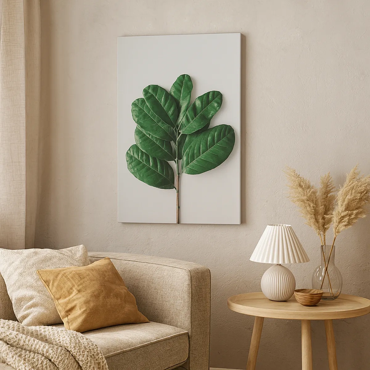 Impression sur toile - Image sur toile - Un brin de feuilles vertes sur un fond clair - 50x70cm - Dessin de la nature elle-même - Décoration murale moderne pour le salon et la chambre ARTTOR