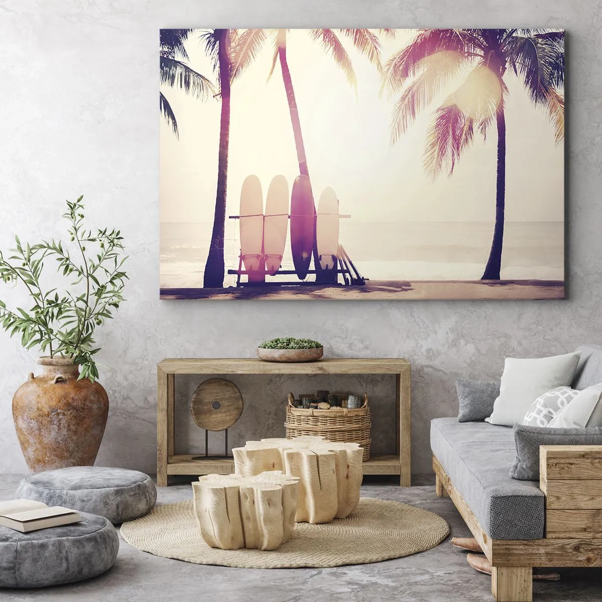 Impression sur toile - Image sur toile - Palmiers et planches de surf sur la plage au soleil - 70x50cm - Ca va être une journée magnifique - Décoration murale moderne pour le salon et la chambre ARTTOR