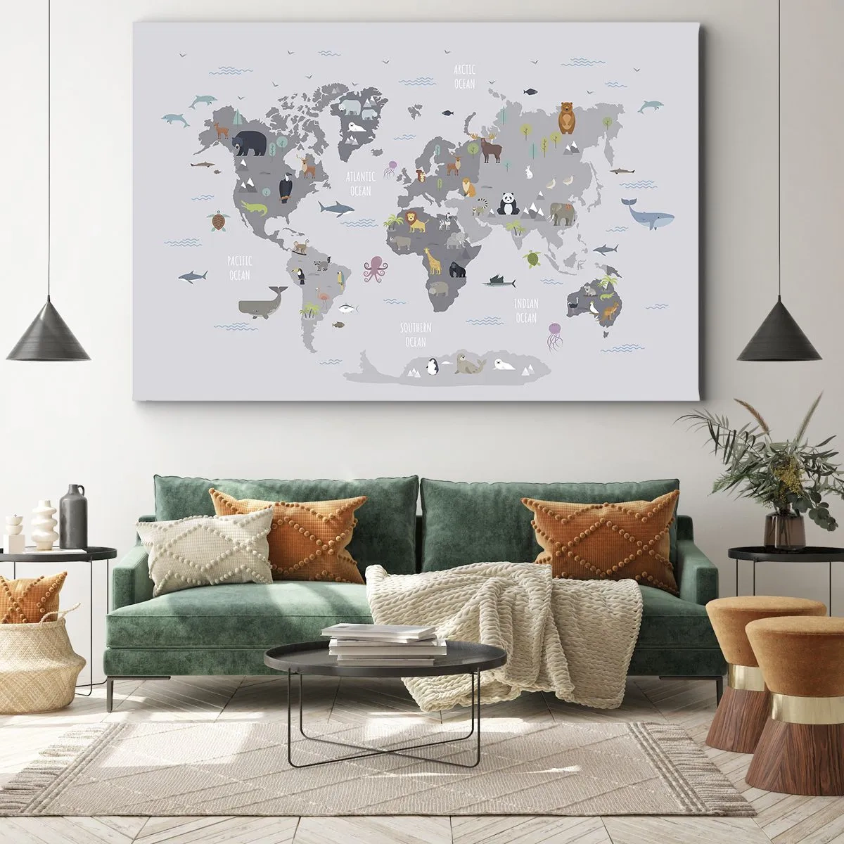 Impression sur toile - Image sur toile - Une carte du monde avec des illustrations d'animaux sur fond gris - 120x80cm - Dis-moi d'où tu viens... - Décoration murale moderne pour le salon et la chambre ARTTOR