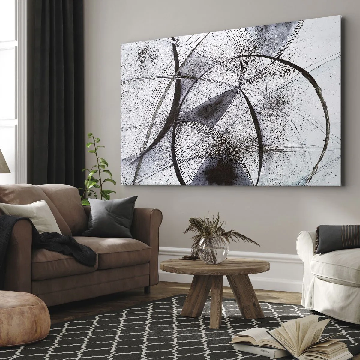 Impression sur toile - Image sur toile - Lignes et formes abstraites dans des tons de gris et de noir - 100x70cm - Fantaisie futuriste - Décoration murale moderne pour le salon et la chambre ARTTOR