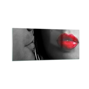 Impression sur verre - Image sur verre - Gros plan des visages d'une femme et d'un homme aux lèvres rouges. - 120x50cm - Face à face - Décoration murale moderne pour le salon et la chambre ARTTOR