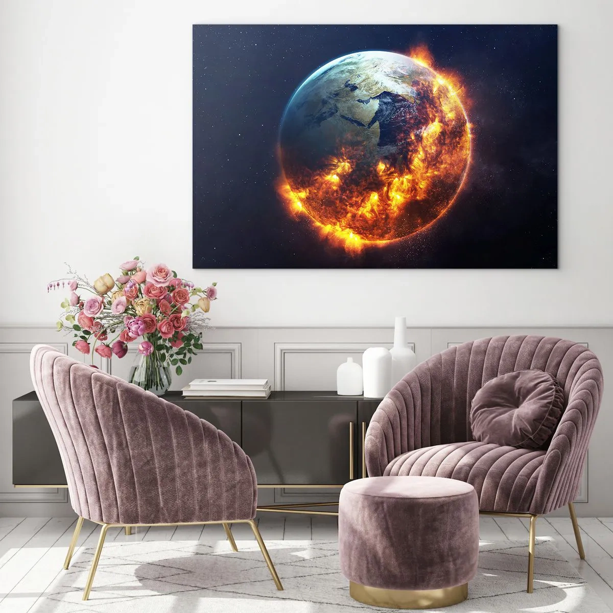 Impression sur verre - Image sur verre - La Terre entourée de flammes dans l'espace - 70x50cm - La flamme de l'apocalypse - Décoration murale moderne pour le salon et la chambre ARTTOR