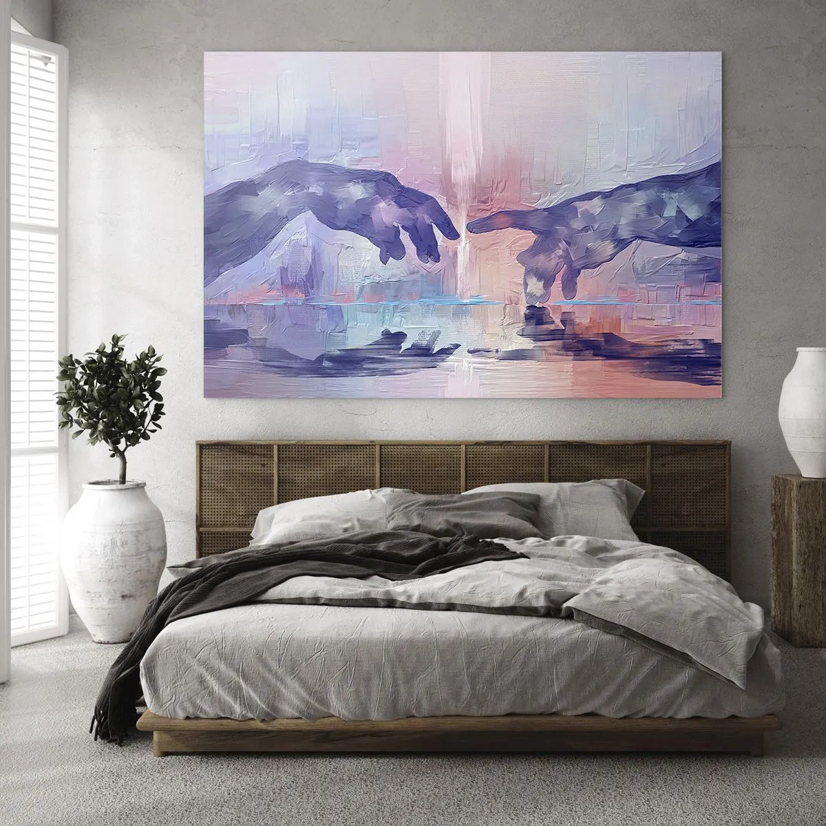 Impression sur verre - Image sur verre - Mains abstraites s'approchant l'une de l'autre sur un fond pastel. - 100x70cm - Divine étincelle de vie - Décoration murale moderne pour le salon et la chambre ARTTOR