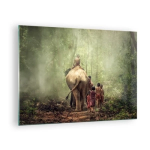 Impression sur verre - Image sur verre - Un éléphant dans la forêt avec des enfants en costumes traditionnels - 70x50cm - Nouveau livre de la jungle - Décoration murale moderne pour le salon et la chambre ARTTOR
