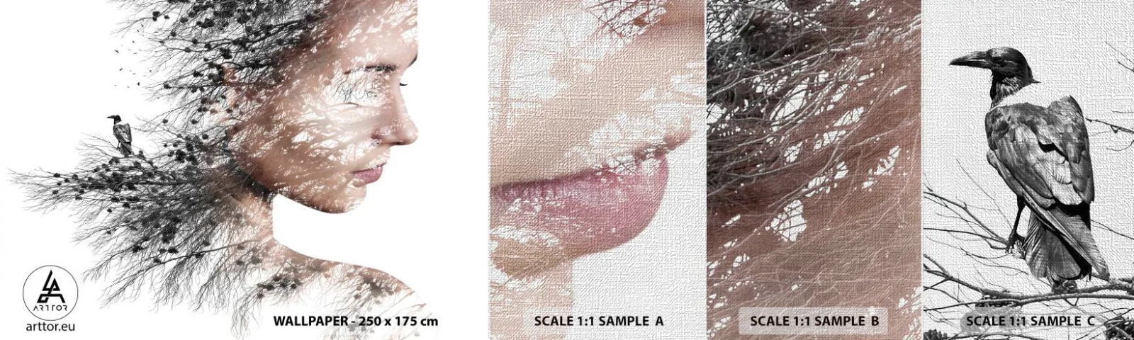 Échantillon de Papier Peint Premium Canvas - L'âme de la forêt - Abstraction, Visage de femme, Arbre - 100x30 cm