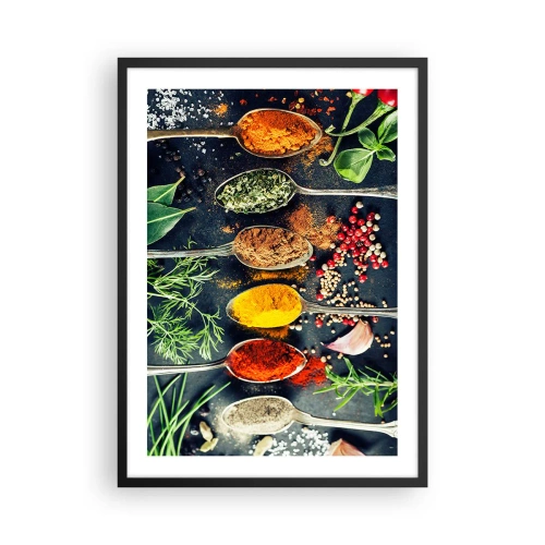 Affiche dans un cadre noir - Poster - Épices et herbes colorées sur des cuillères en métal - 50x70cm - Magie culinaire - Décoration murale moderne pour le salon et la chambre ARTTOR