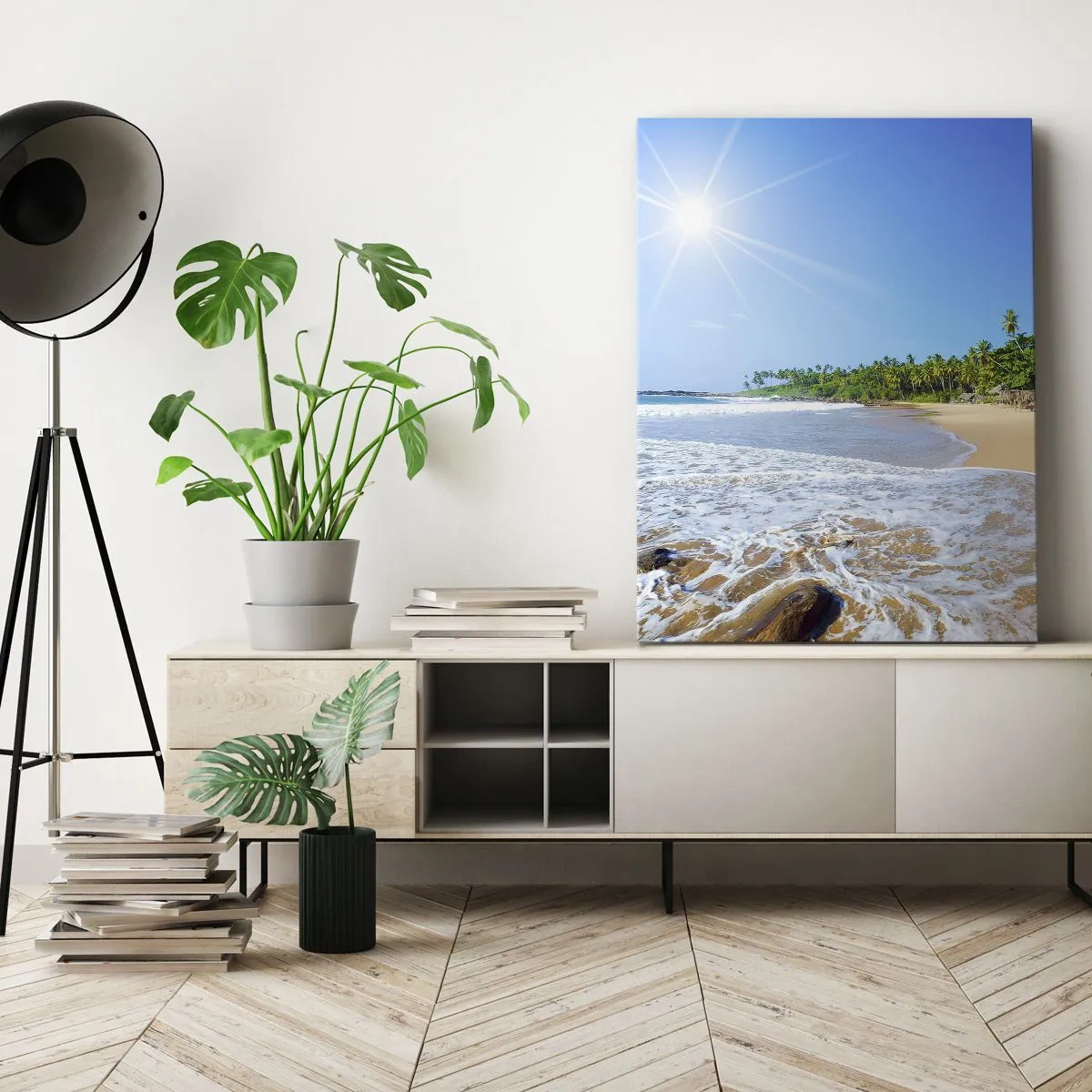 Impression sur toile - Image sur toile - Plage tropicale avec palmiers et ciel bleu - 50x70cm - Un endroit exotique pour vous - Décoration murale moderne pour le salon et la chambre ARTTOR